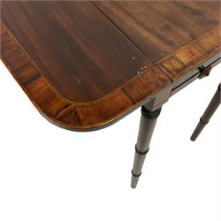 Small Regency mahogany Pembroke table, rectangular top with rounded corners and crossbanding, fitted with single drawer and opposing false drawer with bone escutcheons, raised on ring turned supports