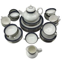 Royal Doulton Sherbrooke tea and dinner service comprising a teapot, sugar bowl, milk jug, eight dinner plates, seven side plates, six tea cups & eight saucers, eight soup bowls & one saucer, eight tea plates and eight breakfast bowls 