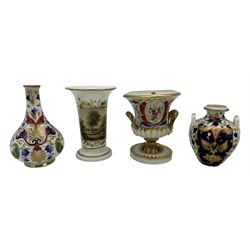 Early 19th century Derby porcelain to include a campana form inkwell, small bottle form vase, twin handled vase and flared rim vase, hand painted with a landscape scene, H10cm (4)