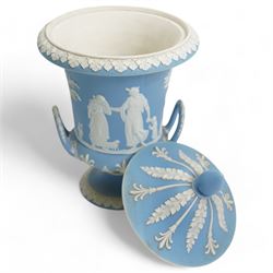 Group of five late 19th and early 20th century Wedgwood blue jasperware urn vases, H28cm and smaller (5)