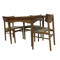 Mid-20th century teak extending dining table (H74cm, 98cm - 148cm x 76cm); and set three mid-20th century teak dining chairs