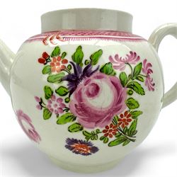 18th century Worcester porcelain teapot, of globular form hand painted  in polychrome enamels with floral bouquets and sprig within pink scale borders, H18cm