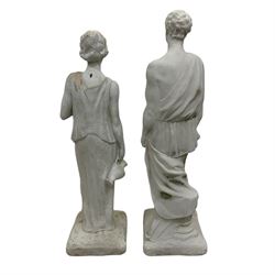 Pair of simulated marble composite small Classical statues, in the form of Hebe the Goddess of Youth and an Ancient Greek male in a Toga