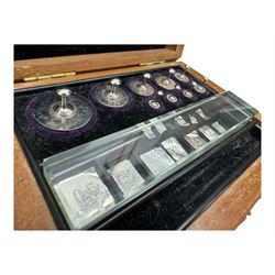 Early 20th century mahognay cased set of balance scales by James H Heal & Co Ltd with associated cased weights, H53cm x W44cm 