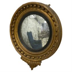Regency giltwood and gesso framed circular convex wall mirror, the stepped cavetto frame decorated with leafage and applied spheres, with inner ebonised reeded slip, over a foliate and scalloped terminal