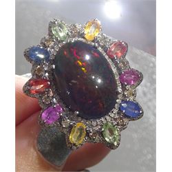 Large silver cabochon galaxy opal, multicoloured sapphire and diamond dress ring, opal approx 8.20 carat, total sapphire weight approx 2.85 carat, total diamond weight approx 1.00 carat