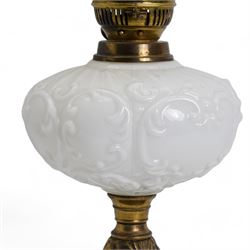 19th/ early 20th century brass oil lamp with opaque glass reservoir and black base, H54cm