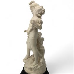 After Auguste Moreau, 20th century faux alabaster figural group 'La Fete Des Fleurs', on circular ebonised plinth, H57cm