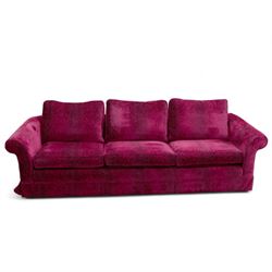 Parker & Farr - grande 8' four seat sofa, traditional shape with rolled arms, upholstered in fuchsia leopard print patterned fabric with loose seat cushions, on castors, upholstered by Dorothy Wightman Interiors