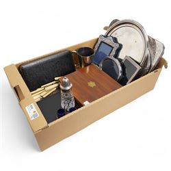 Silver plate including a mahogany cased set of fish knives and forks, trays, sugar sifter, picture frames etc in one box