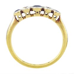 Early 20th century 18ct gold milgrain set five stone round cut sapphire and old cut diamond ring, stamped 18ct, total diamond weight approx 0.20 carat