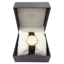 Rotary Elite gentleman's 18ct gold quartz wristwatch, hallmarked, on brown leather strap, boxed