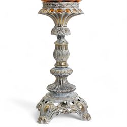 Vintage pierced brass table lamp in the form of an oil lamp, with amber glass shade, H62cm