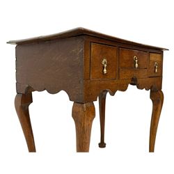 18th century oak low-boy, rectangular moulded top over three drawers with scratch mouldings, shaped apron, on cabriole supports