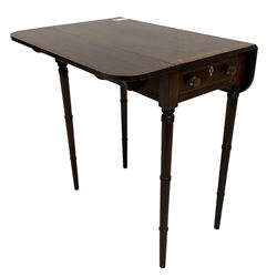 Small Regency mahogany Pembroke table, rectangular top with rounded corners and crossbanding, fitted with single drawer and opposing false drawer with bone escutcheons, raised on ring turned supports