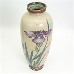 Three pairs of Japanese Cloisonne vases, each decorated with blossoming flowers, the blue ground vases decorated with wading storks, together with another Japanese Cloisonne vase, decorated with iris, H31cm max (7)