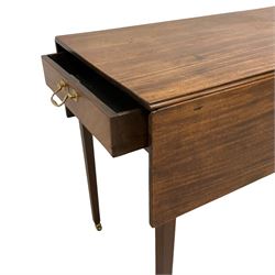 George III mahogany Pembroke table, rectangular drop-leaf top, fitted with two drawers, on square tapering supports with brass castors