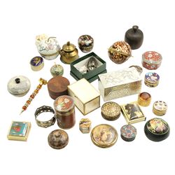 Cloisonne trinket boxes, pewter covered box, shell and gilt brass box, compact etc in one box