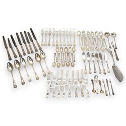 A matched set of 19th century silver Kings pattern cutlery comprising six table spoons, ten table forks, twelve dessert spoons, fish slice, pair of sauce ladles, ten teaspoons, six fish knives, seven silver handled knives, two salt spoons  and fifteen dessert forks, various dates and makers 