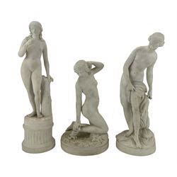 19th century Parian ware figure depicting  a nude woman kneeling with a serpent wrapped around her ankle, unmarked, H26cm, together with two further Parian figures depicting classical maidens, H36cm max (3)