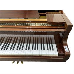 Yamaha - Baby Grand piano in mahogany polyester finish case,  G1 model, serial No 4741647, cast overstrung frame with 88 keys and seven octave compass, original stringing, tuning pins, hammers, dampers and felts, sostenuto, una corda and sustain pedals, with a solid music desk and tapered legs on brass castors.   