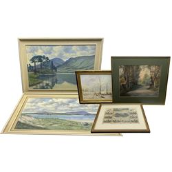 F L McConnell (Irish 20th Century): Expansive Landscapes, pair oils on canvas signed 49cm x 74cm; together with an J K Whitton oil, James Rolfe watercolour and an engraving (5)