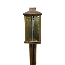 Replica 18th century mercury stick barometer, with a plain concave shaped top and square cistern cover, fully exposed cistern tube and engraved brass register with predictions, spirit thermometer recording the temperature in degrees Fahrenheit.