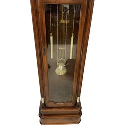 20th-century month going mahogany longcase clock - with a double arched pediment and full length glazed door with visible dummy weights and pendulum, brass dial with etched spandrels and dial centre, silvered chapter ring and steel hands, twin train going barrel movement striking the hours and half hours.