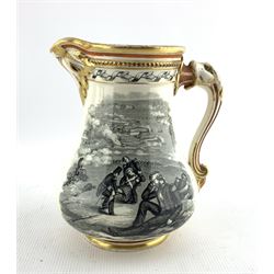 Victorian 'The Royal Patriotic Jug' by Samuel Alcock, the baluster transfer printed with the wounded of the British Army on a coastal battlefield, and the bereaved family back home, Victorian shaped meat plate transfer printed with a view of Durham by Celtic China, L47.5cm, together with a 19th century presentation teapot dated 1876 (3)