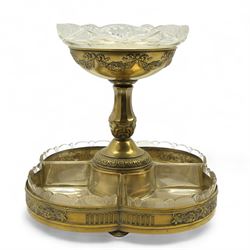 Large early 20th century German silver plate and cut glass two-tier centrepiece, embossed with ribbons and floral swags, makers mark for Badische Metallwarenfabrik, H36cm 