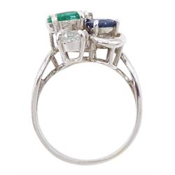 18ct white gold two stone diamond and four stone oval cut blue and white sapphire, emerald and ruby ring