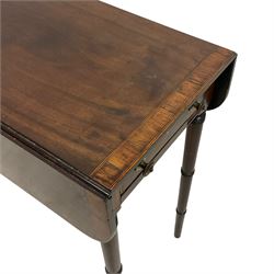 Small Regency mahogany Pembroke table, rectangular top with rounded corners and crossbanding, fitted with single drawer and opposing false drawer with bone escutcheons, raised on ring turned supports