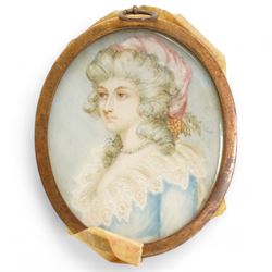 Circle of Richard Cosway (British 1742-1821): Portrait of a Georgian Beauty Wearing a White Wig and Blue Gown with Lace Collar, miniature watercolour on ivory unsigned 7cm x 6cm. This item has been registered for sale under Section 10 of the APHA Ivory Act