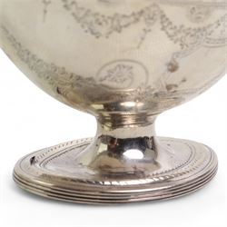 George III silver navette shape sugar basket with reeded loop handle, engraved cartouche and decoration and oval pedestal foot L15cm London 1788 Maker Henry Chawner