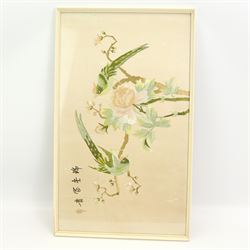 Turkish Baglama, framed Chinese print depicting a two birds perched on a blossoming branch, together with two Chinese embroidered (4)