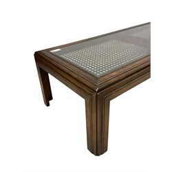 Hardwood framed coffee table, rectangular form with cane top and inset glass, on moulded supports 