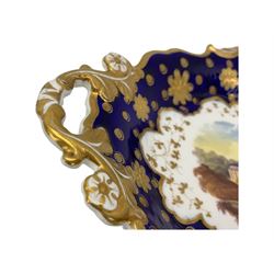 Early 19th century Ridgway twin handled oval dish, hand painted with figures in a river landscape, within a cobalt blue and moulded border, L30cm together with a similar twin handled serving dish, L28cm (2)