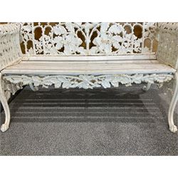 Coalbrookdale design - early 20th century cast iron oak leaf and acorn bench, white painted cast iron frame with slatted wooden seat, the pierced and shaped back decorated with scrolling oak branches and leafage, flanked by dog mask arm terminals over cabriole supports with paw feet 