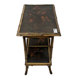 Late 19th century Aesthetic Movement lacquered and painted bamboo occasional table, rectangular top painted with Japanned traditional bird and blossom scenes, over two fold-out side leaves and undertier with pierced gallery apron