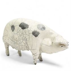 Raku fired model of a pig, in the style of Lawson C Rudge, unsigned, L24cm 