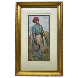 Charles O’Neill (British fl.1883-1924): Farmer Girl with Scythe in Poppy Field, watercolour signed in pencil 36cm x 17cm