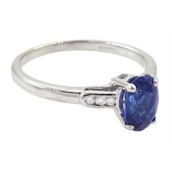 18ct white gold oval cut sapphire ring, with diamond set shoulders, hallmarked, sapphire approx 1.20 carat