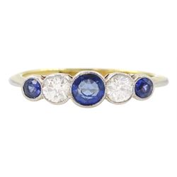 Early 20th century 18ct gold milgrain set five stone round cut sapphire and old cut diamond ring, stamped 18ct, total diamond weight approx 0.20 carat