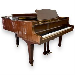 Yamaha - Baby Grand piano in mahogany polyester finish case,  G1 model, serial No 4741647, cast overstrung frame with 88 keys and seven octave compass, original stringing, tuning pins, hammers, dampers and felts, sostenuto, una corda and sustain pedals, with a solid music desk and tapered legs on brass castors.   