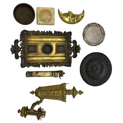 Victorian embossed gilt brass Colza wall light with scroll arm, H31cm, provenance Sotheby's Auction, July 1995, Islamic scribes box, Victorian inkstand, plated card tray and four other items