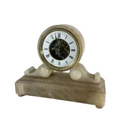 French - late 19th century 8-day mantle clock in an alabaster case,  with a drum movement raised on scroll supports and stepped plinth, open dial displaying the skeleton movement, escapement and motion work, enamel chapter with Roman numerals and spade hands enclosed within a glazed brass bezel, single train tick tac escapement with integral pendulum, wound and set from the front.