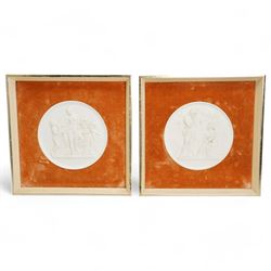 Pair of Continental bisque porcelain oval plaques, in relief, depicting Autumn and Spring, within square velvet lined frames, 24.5cm x 24.5cm, together with a reproduction relief plaque depicting a portrait of a young lady, believed to be Saint Cecilia, W16.5cm x H25cm 