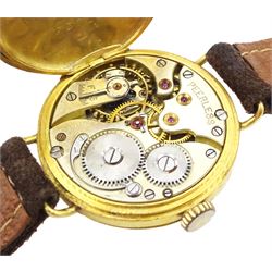 Early 20th century 18ct gold manual wind presentation wristwatch, cream dial with Arabic numerals, case by 	Stauffer, Son & Co, Glasgow import mark 1919, on brown leather strap, with rose gold buckle, stamped 9ct