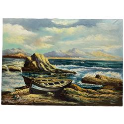 Saki (Continental 20th century): Boats on a Rocky Shore, oil on canvas signed 72cm x 101cm