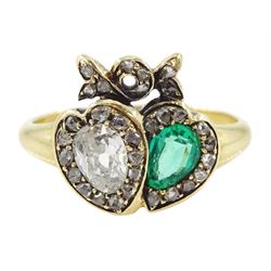 Victorian 18ct gold old pear cut diamond and pear cut emerald double heart ring, with rose cut diamond surround and ribbon bow, emerald approx 0.20 carat, pear cut diamond weight approx 0.25 carat